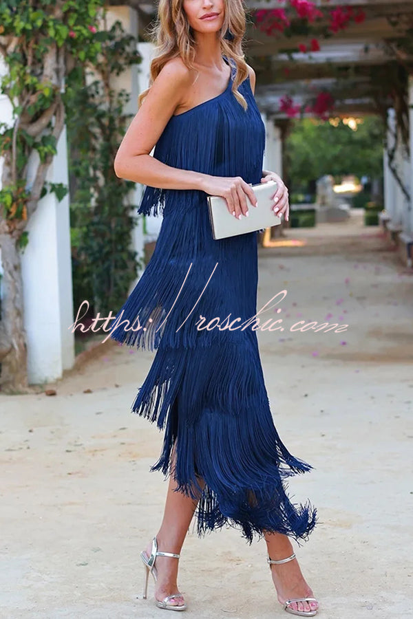 Stylish Fringed One Shoulder Asymmetric Midi Dress