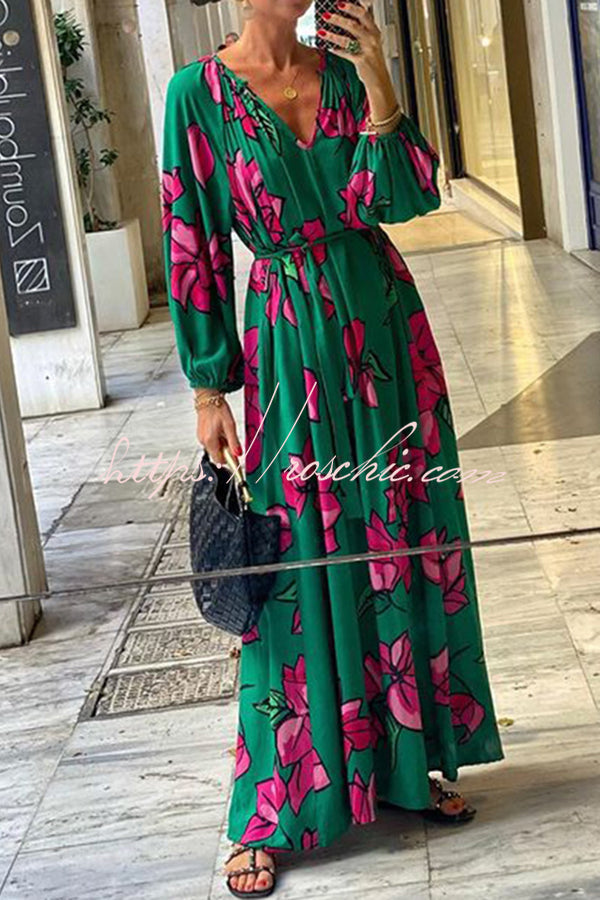 Gramercy Garden Floral Print Pocket Belted Long Sleeve Maxi Dress