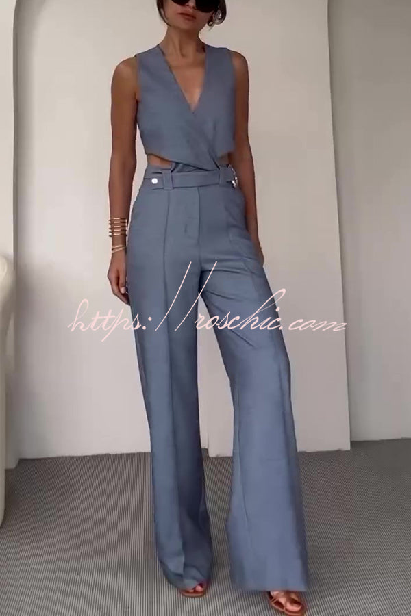 Crossover Slim Fit Sleeveless Vest and High Waisted Wide Leg Pants Set