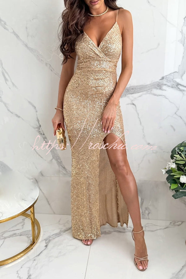 Look At The Bright Sequin V-neck Strap Slit Stretch Maxi Dress