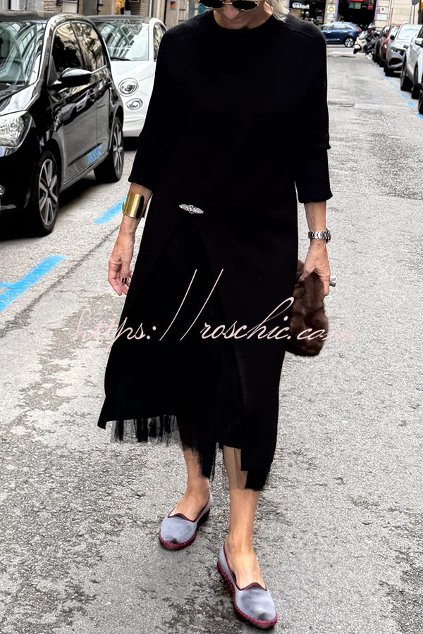 Jollie Knit Long Sleeve Front Slit Midi Sweater and Pleated Tulle Stretch Tank Midi Dress Two-piece