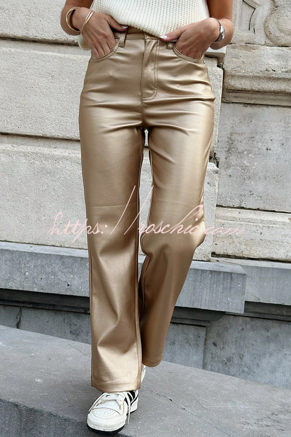 Stylish Metallic Fabric Pocket Casual Straight Wide-Leg Pants
