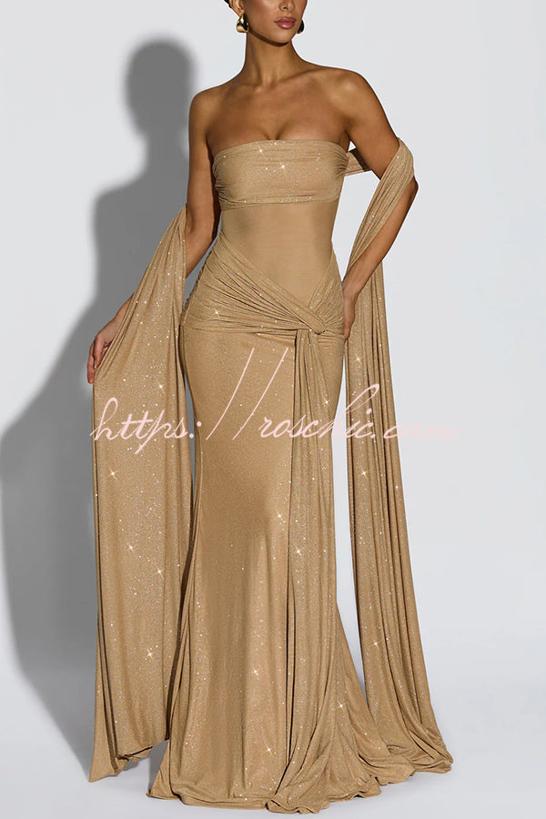 Paula Sequined Mesh and Jersey Off Shoulder Ruched Knot Drape Shawl Maxi Dress