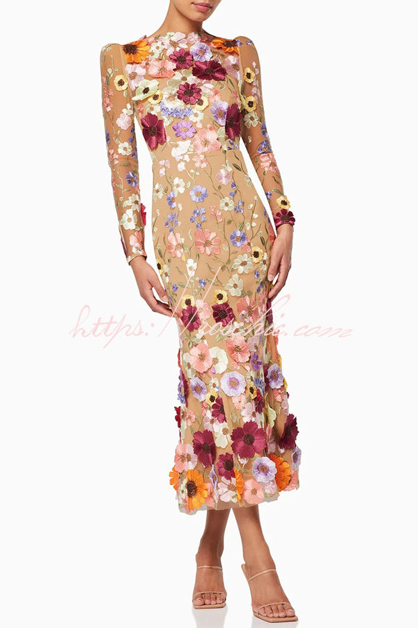 Dignified and Refined Charm Embroidered Floral Applique Long Sleeve Fish Tail Midi Dress