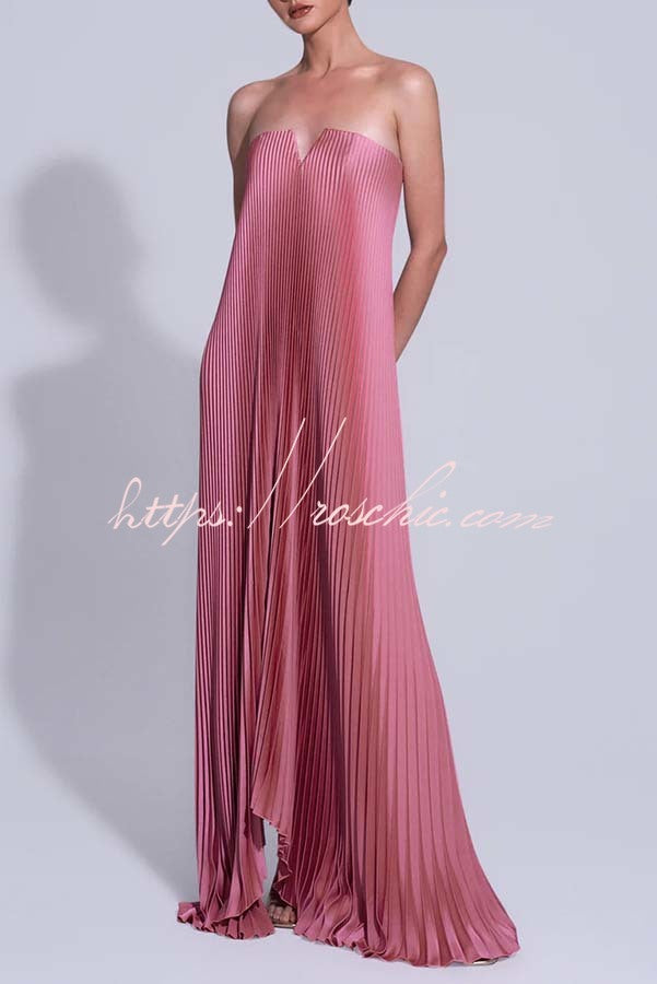 Darling Moment Satin Fabric Off Shoulder V-neck Asymmetric Hem A-line Maxi Dress