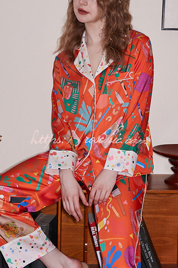 Orange Stationery Printed Home Long Sleeved Two-piece Set