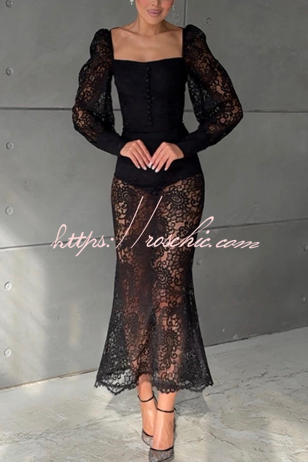 Timeless Moment Floral Lace High Rise Elastic Waist Midi Skirt