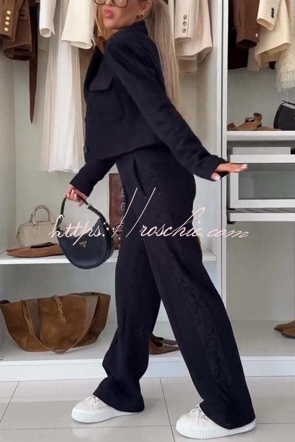 Fashion Lace Panel Long-sleeved Crop Top and Elastic Waist Tie Pocket Casual Pants Set