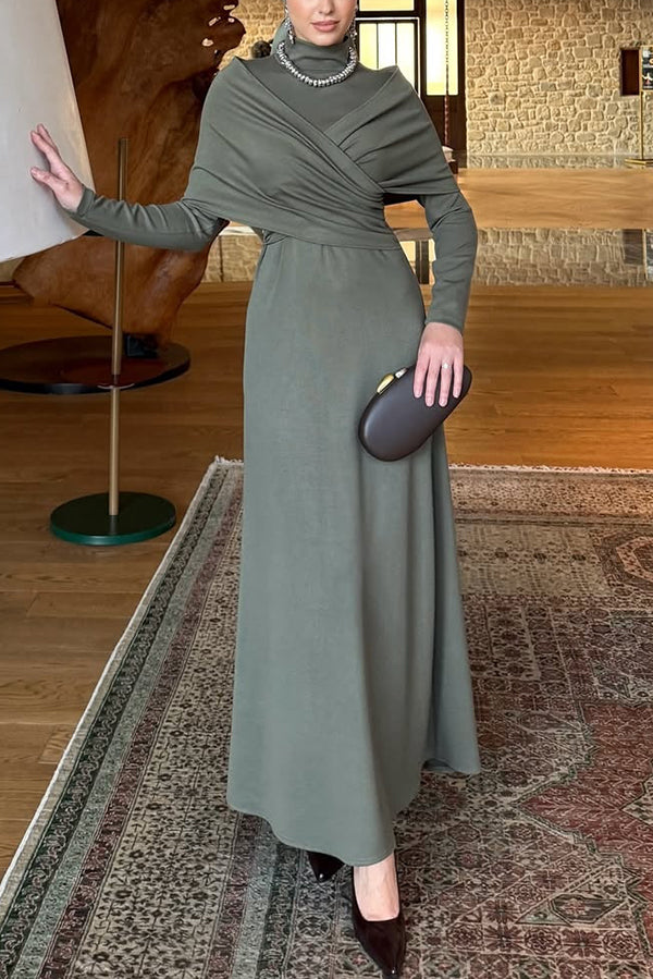 Solid Color High-neck Long-sleeved Crossover Waist Slim-fit Maxi Dress