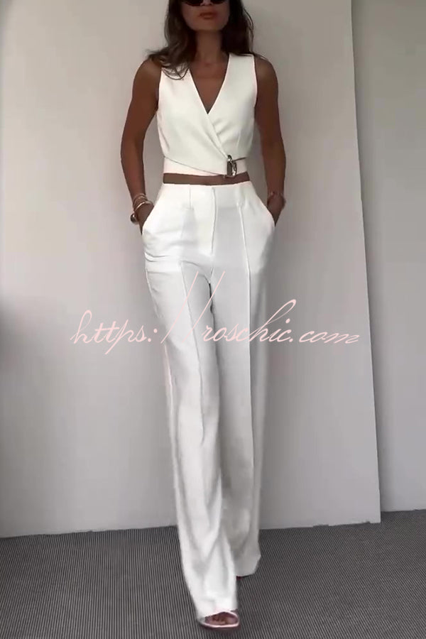 Crossover Slim Fit Sleeveless Vest and High Waisted Wide Leg Pants Set