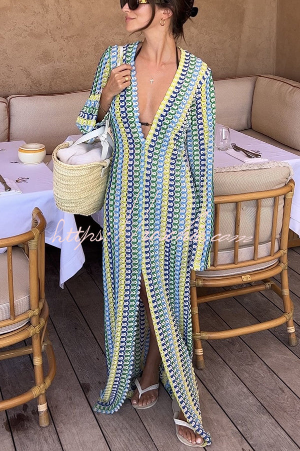 beachy knit dress Bondi Beach Knit Colorful Wave Print Long Sleeve Vacation Maxi Dress – roschic