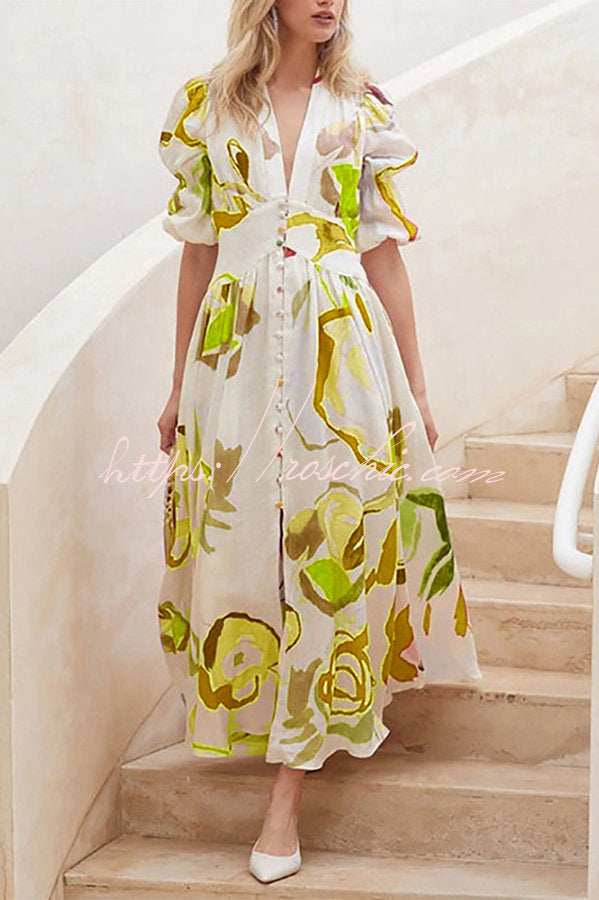 Lover's Gaze Watercolor Floral Printed Puff Sleeve Button Maxi Dress