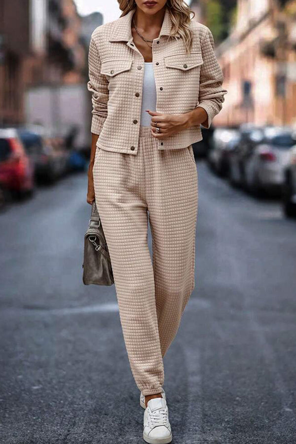 Solid Color Lapel Long Sleeve Jacket and Elastic Waist Casual Pocket Pants Set