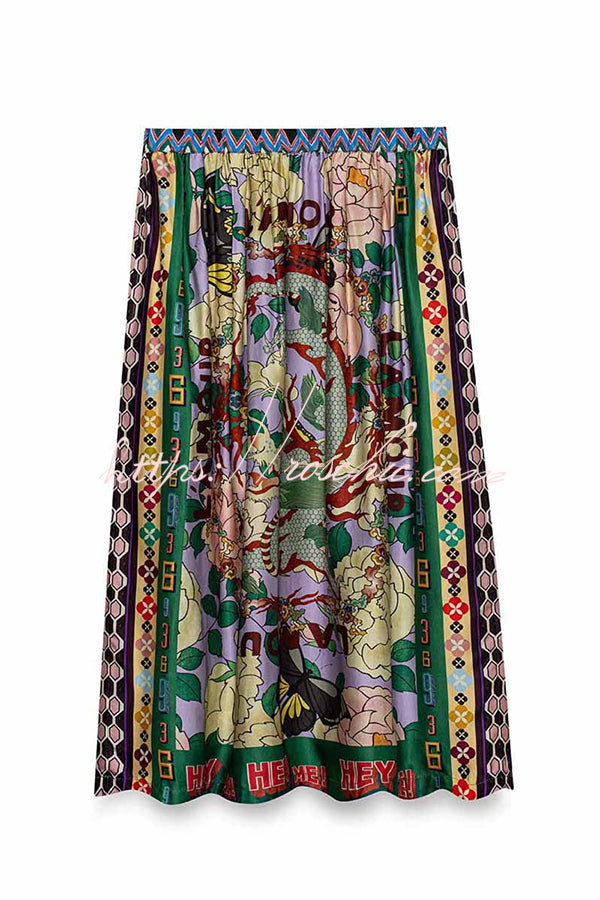 Dragon Season Unique Print Elastic Waist Pocketed Midi Skirt