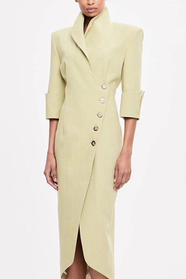 Elegant Look Linen Blend Stand Lapel Neck Half Sleeve Side Button Midi Dress