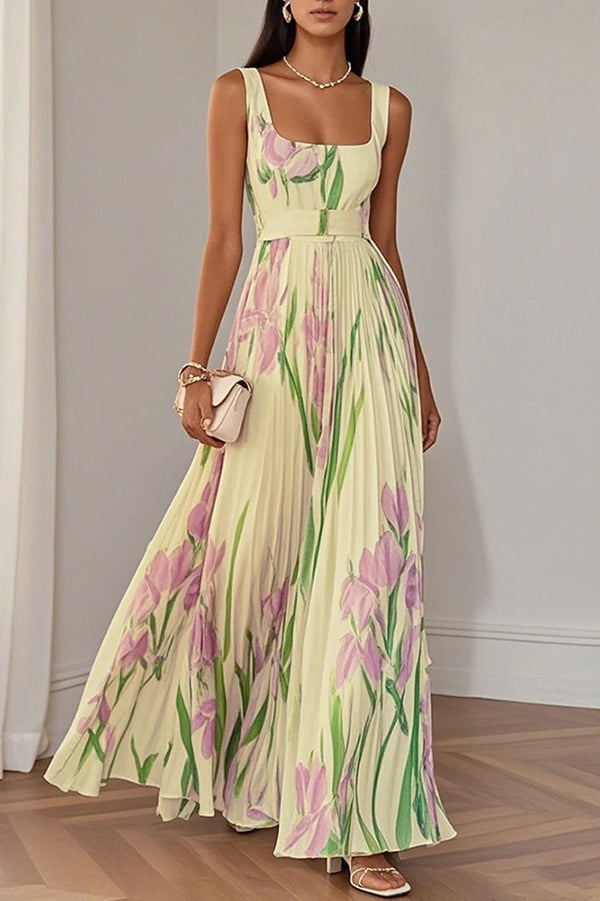 Floral Print Square Neck Suspender Pleated Maxi Dress