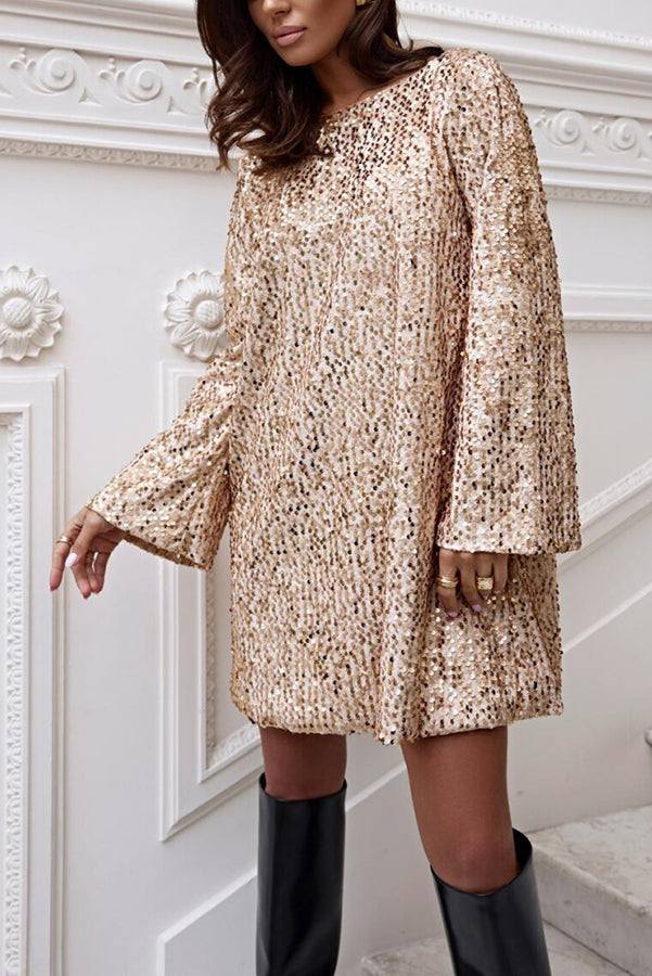 Perfect Gift Sequin Back Bow Detail Long Bell Sleeve Loose Mini Dress