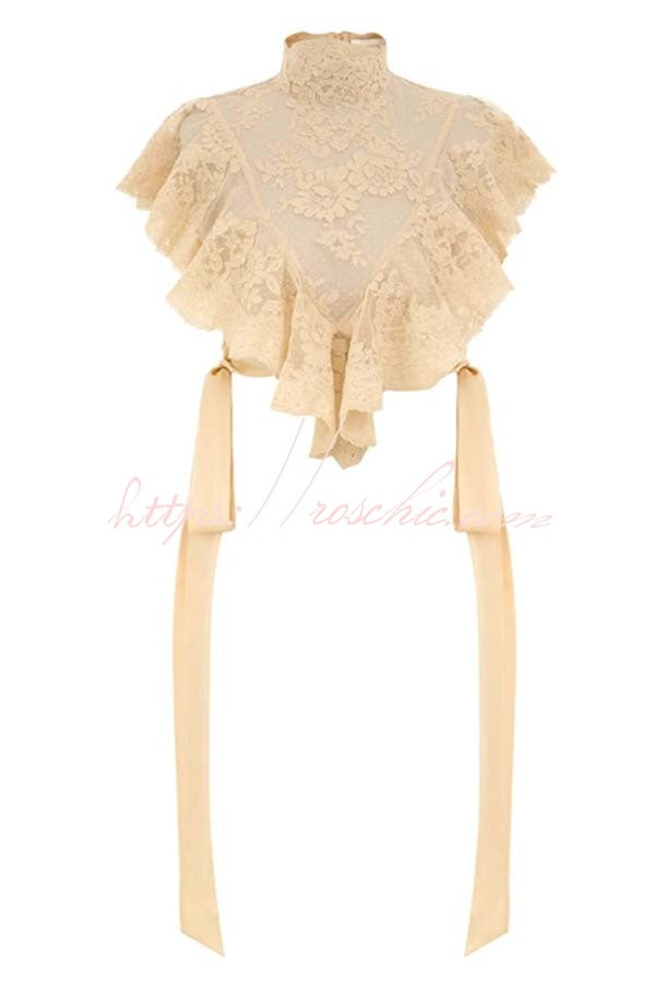 Salenia Lace Appliqué High Neck Side Tie-up Ruffle Cropped Top