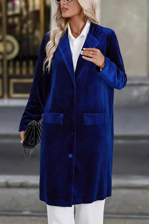 Solid Color Velvet Lapel Long-sleeved Casual Button Mid-length Coat