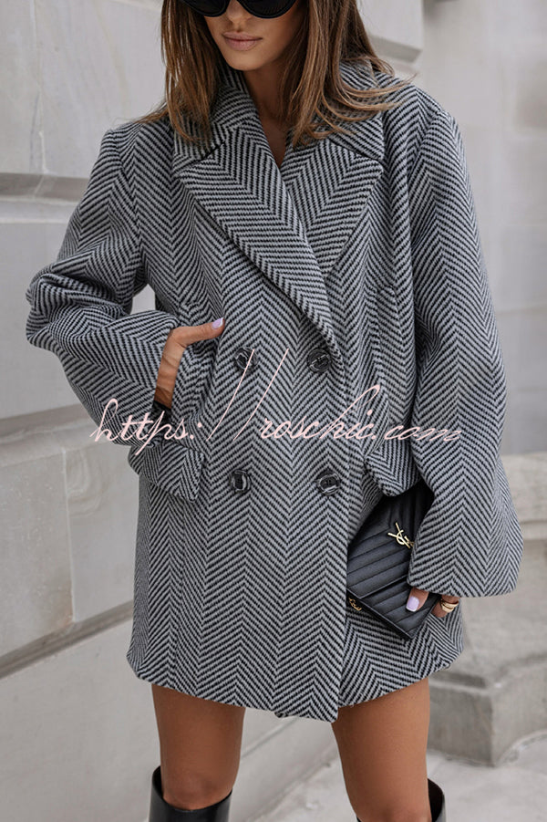 Fashion Stripe Print Lapel Pocket Coat