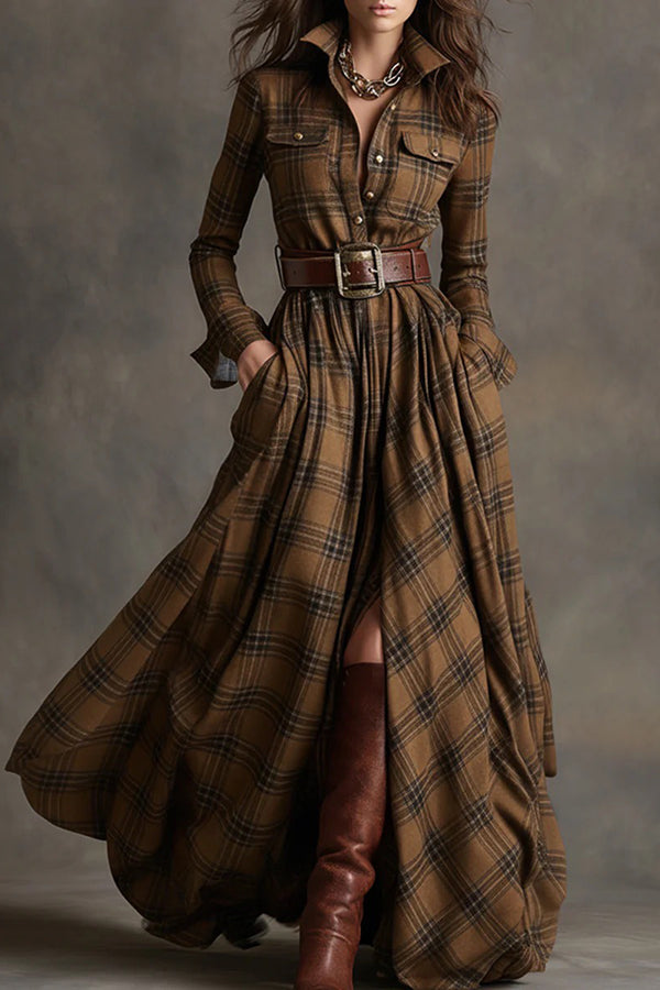 Retro Plaid Print Lapel Long-sleeved Pocket Maxi Dress