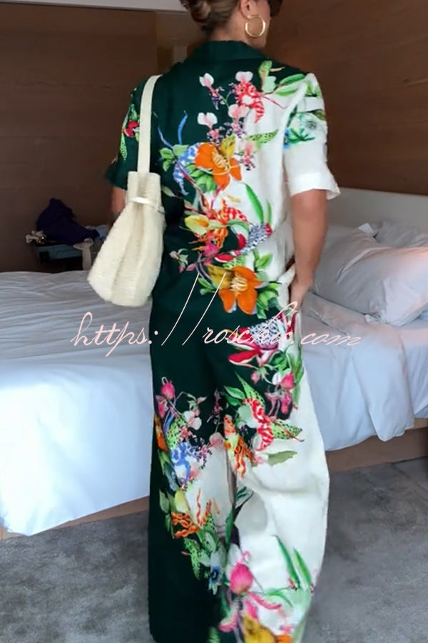 Island Linen Blend Unique Print Short Sleeve Loose Shirt and Elastic Waist Pocket Pants Set