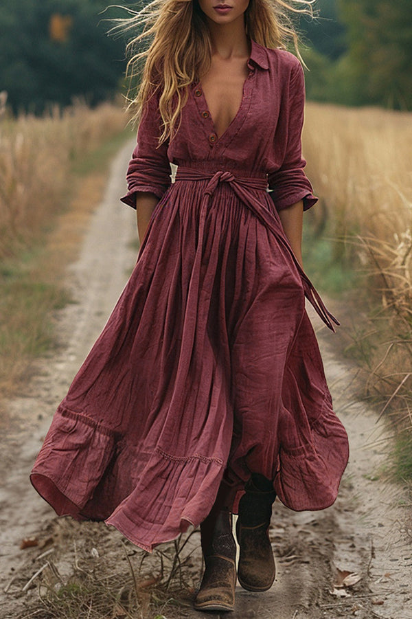 Retro Waist Tie V-neck Long-sleeved Casual Maxi Dress