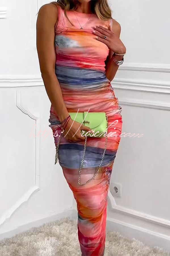 Locking Eyes Mesh Tie-dye Print Ruched Midi Dress