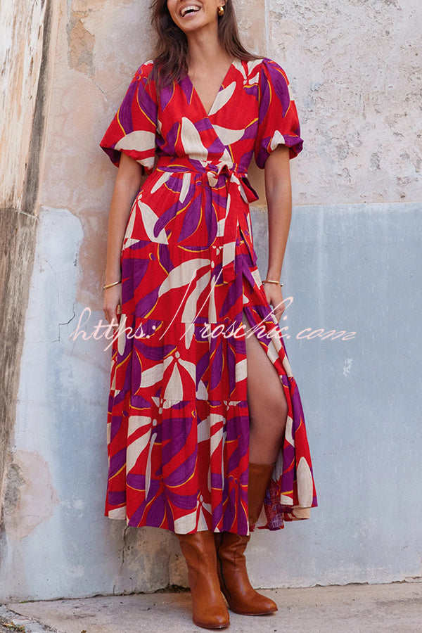 Unique Printed Waist Lace Up Slit Maxi Dress