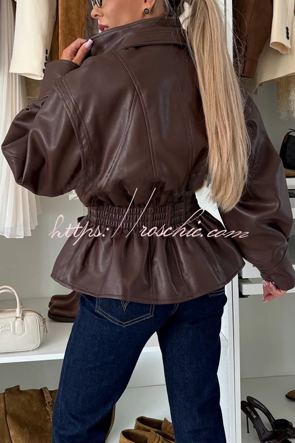 Play It Cool Faux Leather Single Button Elastic Waist Lapel Moto Jacket