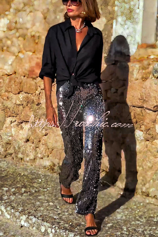 Pursue Shine Sequin High Rise Elastic Waist Flare Pants