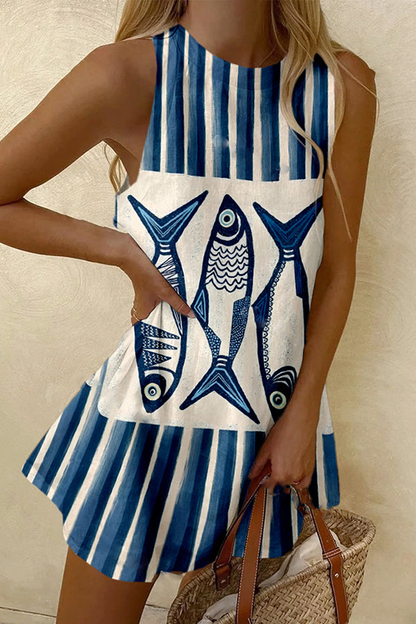 Striped Sardines Print Sleeveless Resort Mini Dress