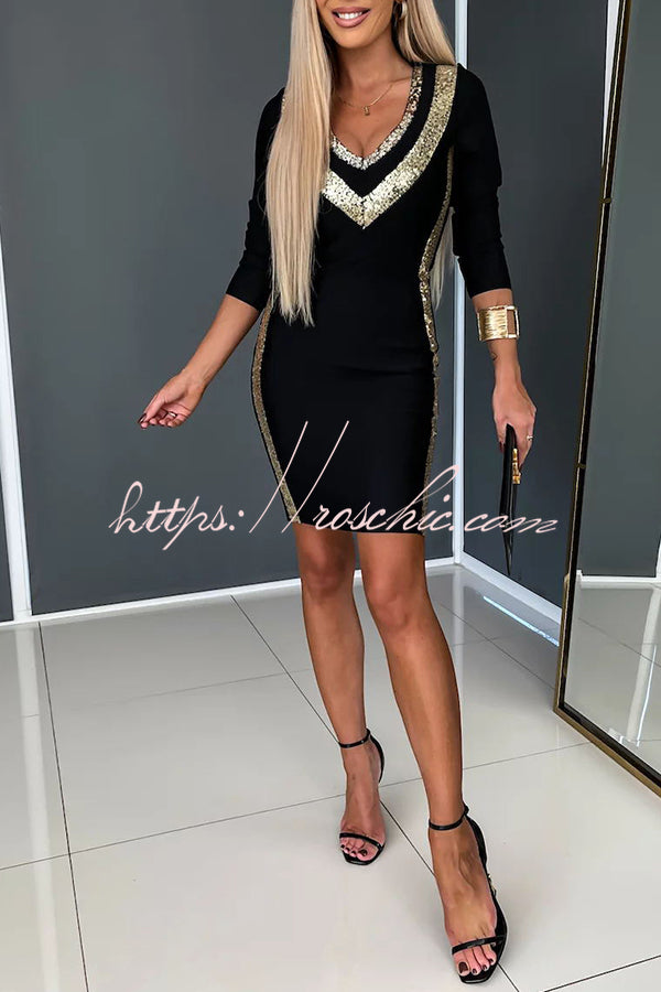 Moon River Sequin Gold Patchwork V Neck Long Sleeved Mini Dress