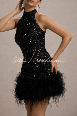 Dazzling and Playful Sequin High Neck Feather Trim Stretch Mini Dress