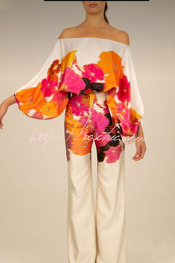 Coco Satin Unique Print Off Shoulder Dolman Sleeve Top and Loose Wide Leg Pants Set