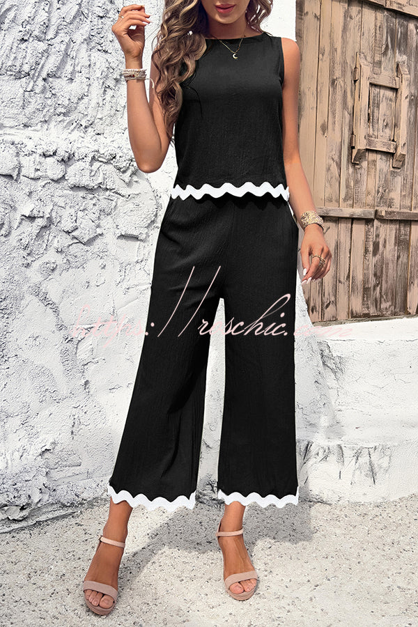 Wave Trimmed Round Neck Buttoned Elastic Waist Pants Suit