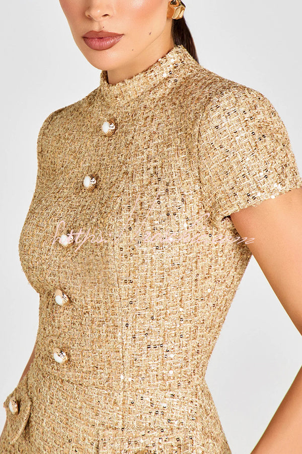 Gold Standard Tweed Fabric Pearl Button Short Sleeve Pocketed Mini Dress