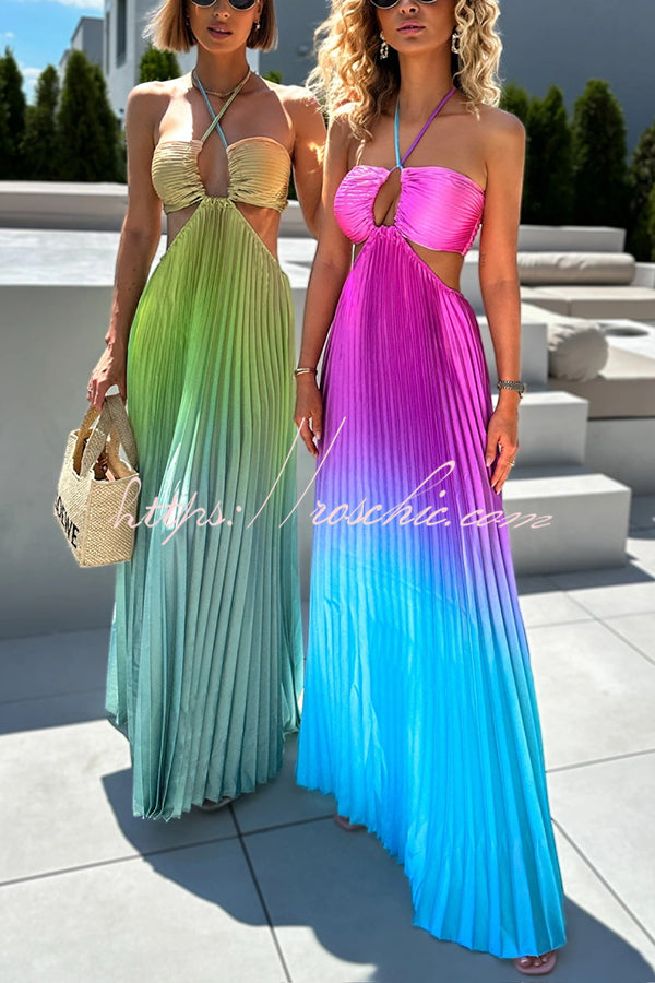 Get Ready Beautiful Gradient Print Cutout Halterneck Pleated Maxi Dress