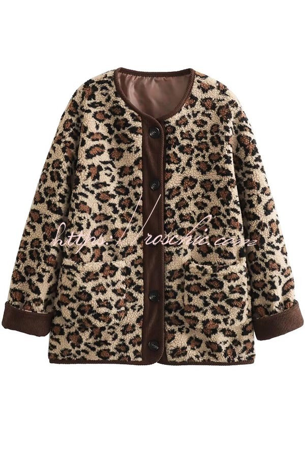 Warm Feel Colorblock Leopard Print Plush Button Up Pocketed Teddy Jacket