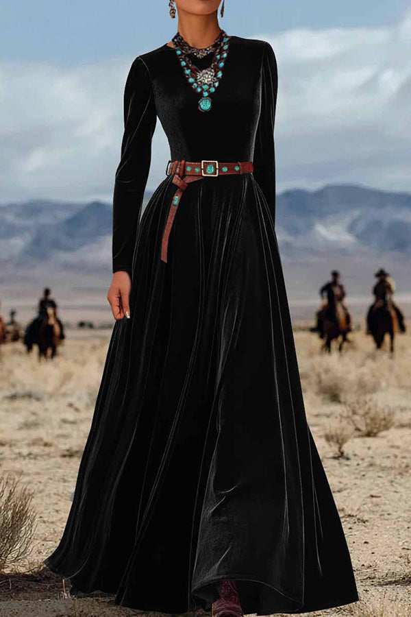 Solid Color Velvet Long Sleeve High Waist Elegant Maxi Dress