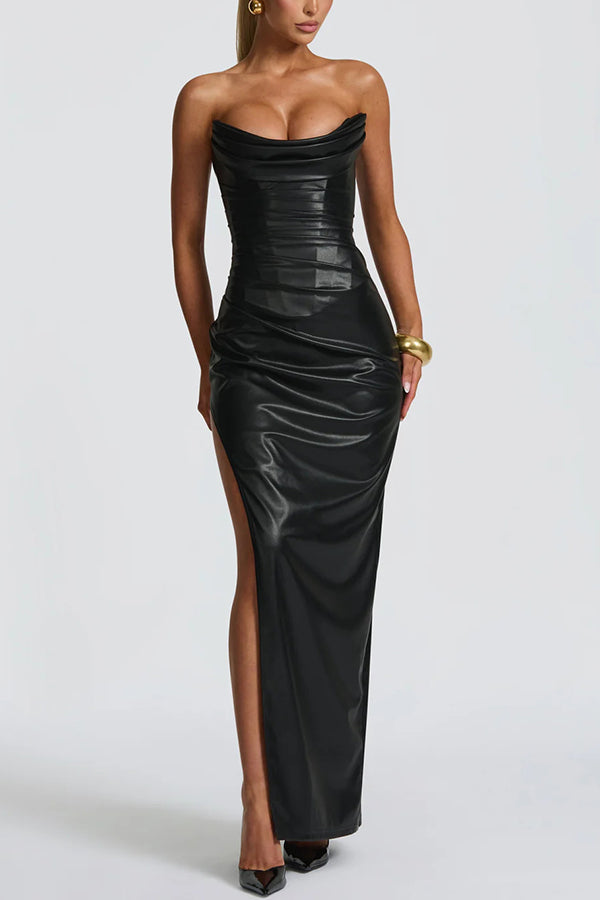 Alba Faux Leather Pleated Off Shoulder Neck Slit Stretch Maxi Dress