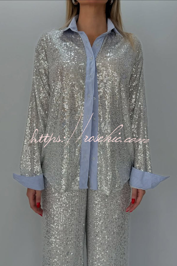 Fashion Sequined Loose Long-sleeved Shirt and Casual Elastic Waist Wide-leg Pants Set