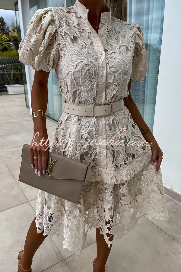 Absolutely Elegant Floral Crochet Lace Puff Sleeve Belted Shirt Midi Dress