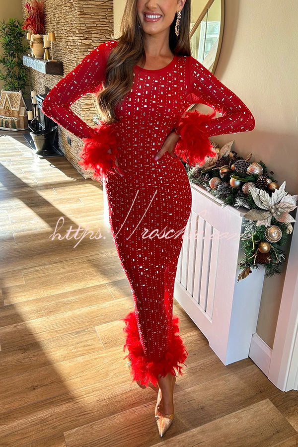 Sexy Long Sleeve Round Neck Feather Edge Rhinestone Decoration Slim Fit Maxi Dress