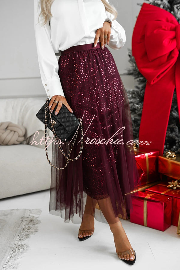 Party Daydream Sequin Tulle High Rise Elastic Waist Maxi Skirt