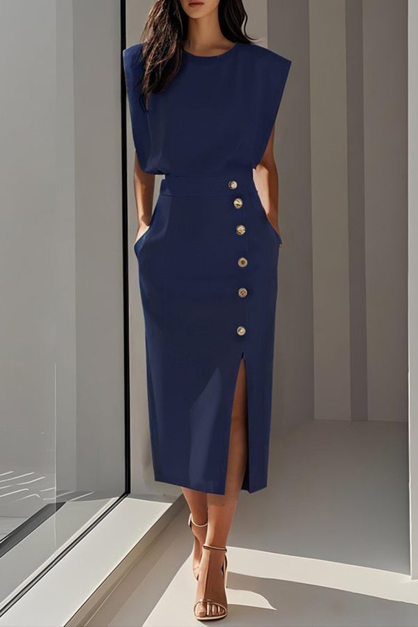 Solid Color Round Neck Sleeveless Button Slit Midi Dress