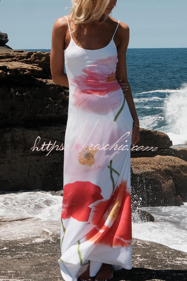 Romantic Beginnings Poppy Blossom Slip Floral Stretch Vacation Maxi Dress