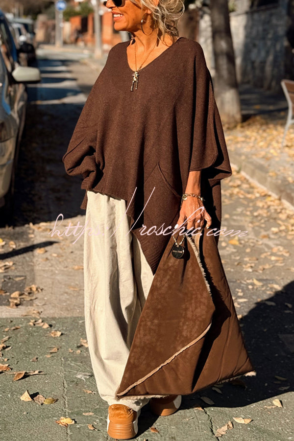 Fashion V-neck Loose Pocket Mid-length Knitted Sweater