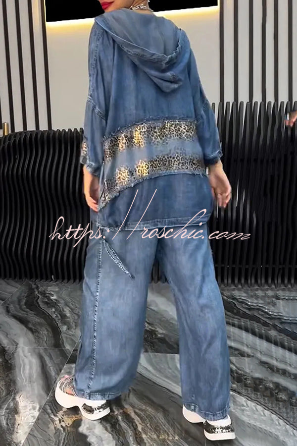 Fashion Loose Hooded Leopard Print Pocket Top and Casual Wide-leg Pants Set