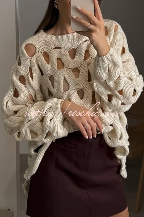 Solid Color Casual Hollow Long-sleeved Holiday Knitted Sweater